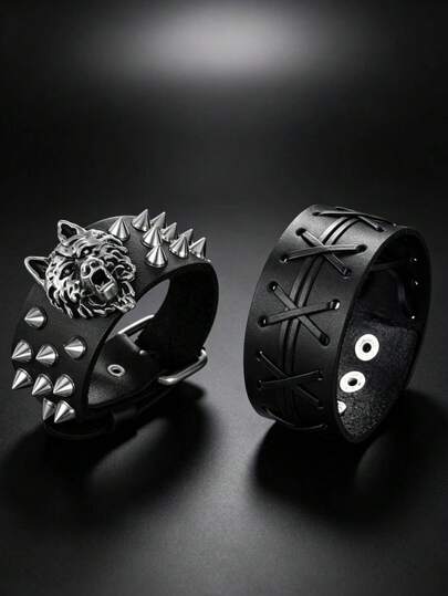 2pcs Punk Style Sports Casual Geometric Design Bracelets, Suitable For Men's Party, Sports, Fashion Wear, Exquisite Bracelet Gift For Men