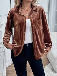 Women Brown Button Up Blouse, Fall Clothes For Women, Fall Halloween Casual Wear - Coffee Brown - View 5
