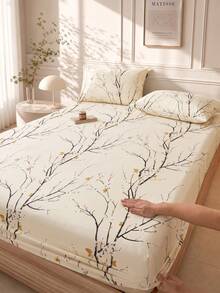 1pc Beige Plum Blossom Pattern Fitted Sheet, Mattress Protector, Mattress Cover, Fitted Sheet, Soft & Breathable, Fits All Bed Sizes - Twin, Full, Queen, King, Deep Pocket Up To 11.8 Inches, Machine Washable. Back To School Dorm Essential - Beige - View 5