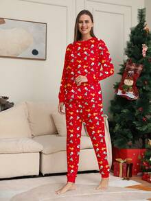 Women's 2 Pieces Christmas Pajama Set, Round Neck Snowman Christmas Tree & Deer All-Over Print Top With Matching All-Over Print Pants, Holiday Loungewear Set - Multicolor - View 3