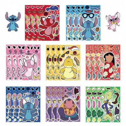 Disney 8 buah Stiker Puzzle Seri Stitch, Stiker Dekoratif Kartun PVC Tahan Air untuk Tas, Gitar, Botol Minum, Casing Ponsel, Laptop, Stiker Hadiah Kembali ke Sekolah