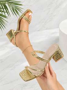 Women's Fashion High Heel Sandals, Elegant Open Toe Gold Crocodile Embossed Chunky Heel Slip-On Mule Sandals, Suitable For Commuting, Shopping, Beach, Party, Spring/Summer Outfits - Gold - View 3
