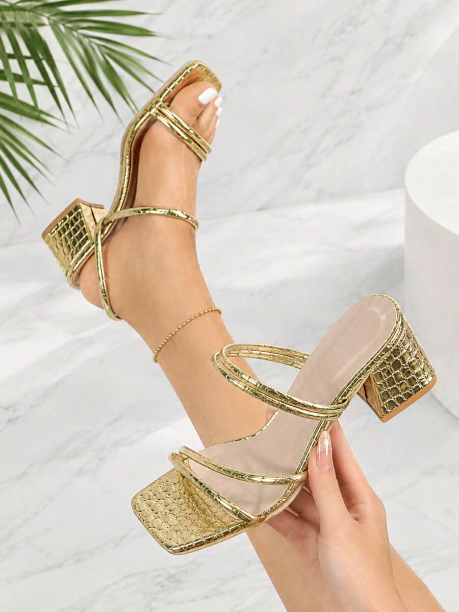 Sandal Hak Tinggi Wanita Modis, Sandal Selop Hak Tebal Motif Buaya Emas dengan Ujung Terbuka yang Elegan, Cocok untuk Bepergian, Berbelanja, Pantai, Pesta, dan Pakaian Musim Semi/Panas - Emas - View 1