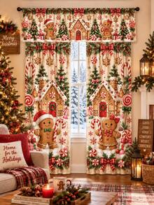 Christmas Window Curtain Set, Reindeer Snowman Gingerbread Winter Village & Vintage Patchwork Printed Polyester Curtains With Festive Holiday Designs, Christmas Decorations For Home, Living Room Bedroom Kitchen Room Decor - A - View 11