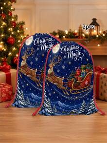 2pcs Dark Blue Christmas Magic Reindeer & Sleigh Print Gift Wrapping Bags, Holiday Style Fabric Large Rectangular With Drawstring Closure Decorative Present Bags For Christmas Gifts, Party Favors & Holiday Decor - Blue - View 6