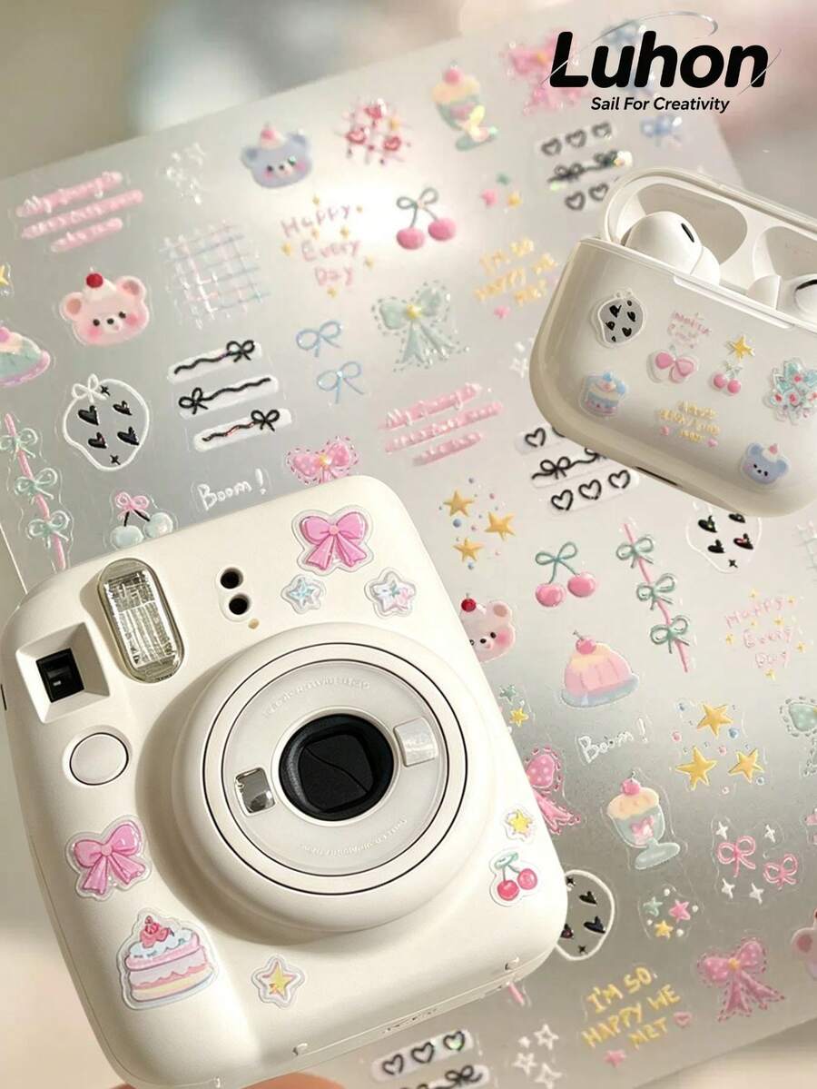 1pc/1set Ins Style Girly Laser Decorative Stickers, Transparent Base, Bow & Dessert Pattern, Holographic Shiny Finish, Suitable For Laptop Decoration, Planner Supplies, Sticker Books, Earphones And Daily Items Decoration