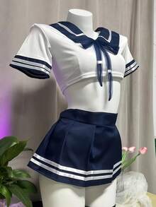 3pcs Blue Striped College Theme Party Costume Set, Blue Striped Shawl, Crop Top, Pleated Mini Skirt, Suitable For Halloween Carnival Theme Party - Blue and White - View 2