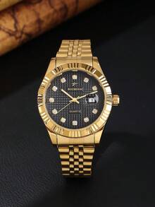 RICECGO 1pc Business Gold Men's Quartz Watch - Gold - View 16