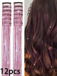 2/4/8/12pcs Hair Tinsel Shiny Hair Clips,Sequin Hair Accessories Clip-In Hair Extensions Set, Heat Resistant Glitter Fairy Hair Clips,For Women (Pink) - Multicolor - View 6