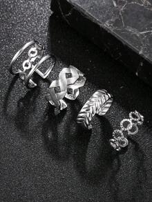 4pcs/Set Silver Stainless Steel Rings For Men, Geometric Pattern Jewelry, Sporty Style, Adjustable Open Ring, Fashion Gift For Boyfriend, Son, Halloween - Silver - View 6