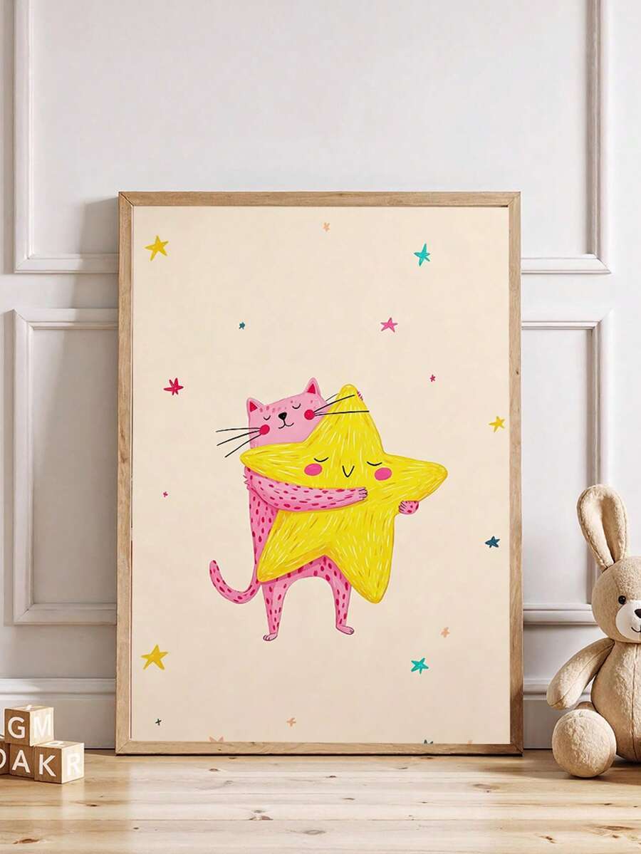 1pc Framed Canvas Wall Art Decor For Baby Nursery, Pink Spotted Cat ...
