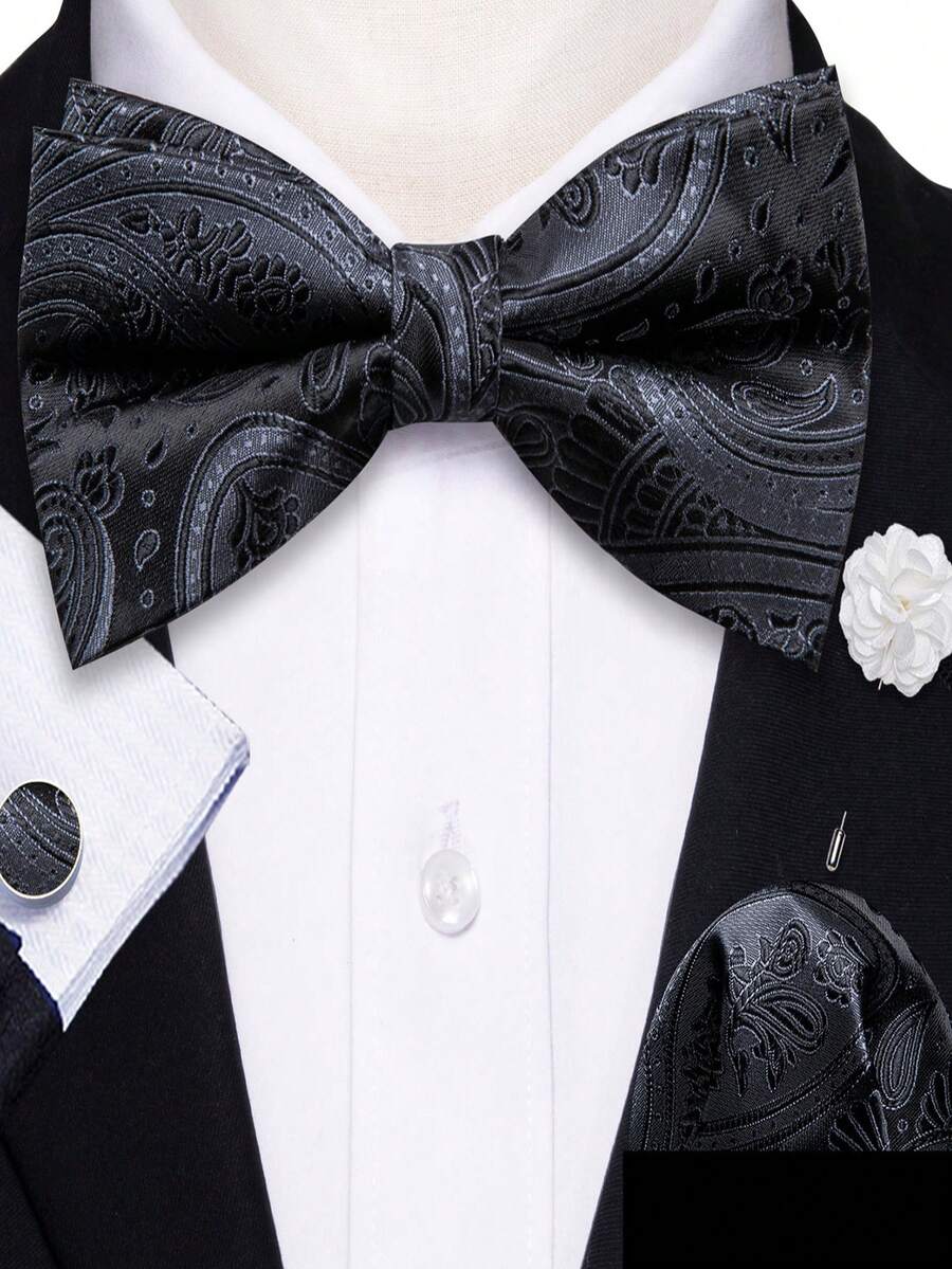 4Pcs Men Black Paisley Jacquard Bow Tie Pocket Square Cufflinks Boutonniere Set For Wedding Business Party - Black - View 1
