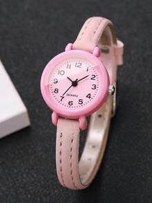 Women's Fresh Petite Thin PU Strap Quartz Watch, Minimalist Small Digital Dial Watch For Girls And Students Daily Wear, Gift Watch (1pc/Set) Watch Box Not Included - Pink - View 6