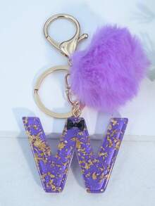 Minimalist Cute Initial Keychain A-Z Women's Bag Charm Black Bow Purple Pom Pom Key Chain Daily Wear Gift Accessory - Purple - View 28
