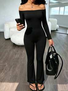 AiTyi Women's Black Cold Shoulder Long Sleeve Jumpsuit, Back Lace-Up Wrap Design, High Elasticity Long Jumpsuit, Suitable For Formal Occasions - Black - View 5
