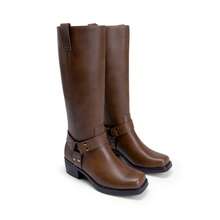 Dream Pairs Women's Knee-High Square Toe Motorcycle Riding Slip-On Fashion Chunky Low Heel Buckle Decor Tall Boots, Autumn/Winter - Brown - View 7