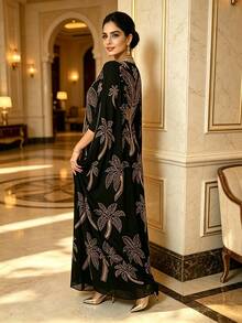 Luxury Sequin Palm Tree Embroidered High Neck Batwing Sleeve Kaftan Women's Long Robe Middle Eastern Style Banquet Dress - Black Gold - View 2