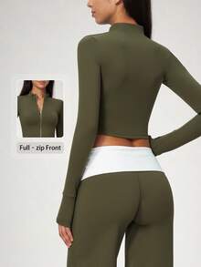 NcmRyu Women's 1pc Solid Color Stand Collar Zipper Thumbhole Cuff Short Jacket Coat, Autumn/Winter - Green - View 11