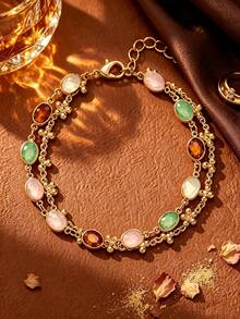 1Pc Vintage Double Layer Flower Chain Glass Stone Bracelet, Multi‑Color Oval Inlaid Beaded Chain Bracelet, Party Daily Wrist Jewelry For Women - Glass Rhinestone Flower Bracelet - View 11