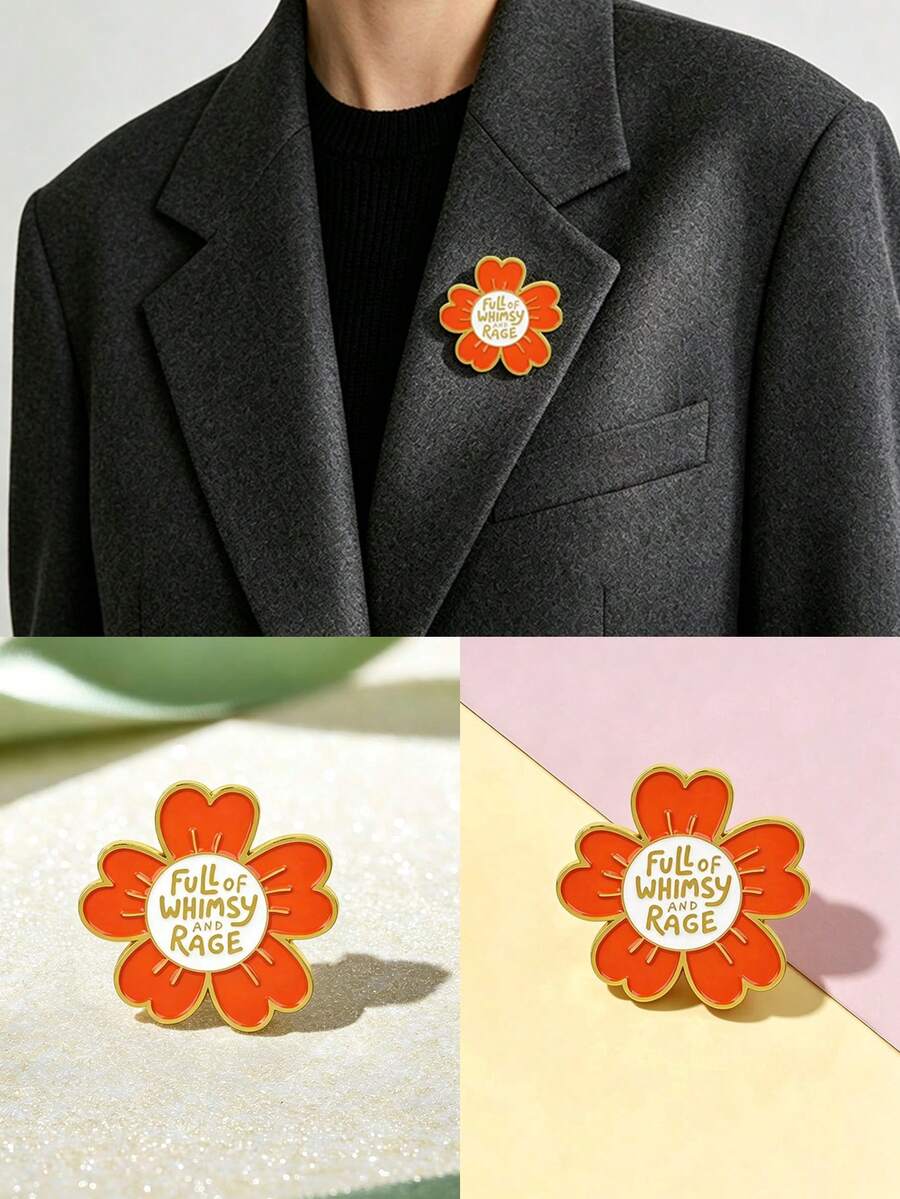 1pc Cartoon Flower Brooch With Distinctive Text Design, Eye-Catching, Exquisite & Durable Decorative Pin For Clothes, Scarves, Hats, Creative Gift For Friends And Classmates, Affordable Thoughtful Accessory - Multicolor - View 1