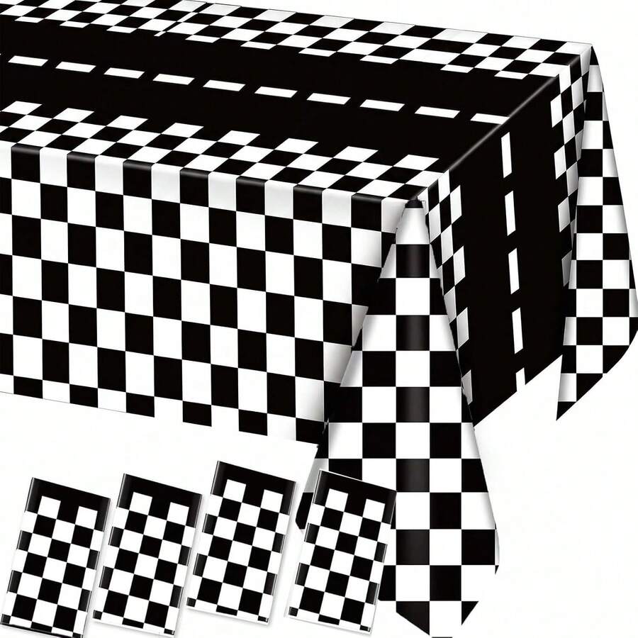 Racing Theme Disposable Tablecloth - Black & White Checkered, Suitable For Parties, Weddings, Birthdays Etc. - Durable PE Plastic, 54" X 108", Party Decoration (1PC/4PCS)