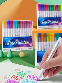 48pcs Double-Line Outline Pen, Student Drawing Marker, Fluorescent Pen, Drawing Notebook, Line Drawing Pen. School Start Season, Christmas Drawing, Halloween Drawing, Student Supplies. - Sets - View 2