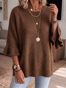 Women's Plus Size Brown Knit Pullover Sweater, Ruffle Trim Three Quarter Sleeve, Round Neck With Ribbed Hem, Comfortable Autumn Winter Style - Brown - View 1