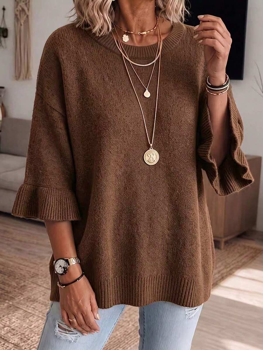 Women's Plus Size Brown Knit Pullover Sweater, Ruffle Trim Three Quarter Sleeve, Round Neck With Ribbed Hem, Comfortable Autumn Winter Style - Brown - View 1