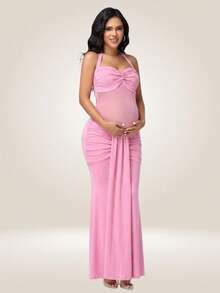 JustVH Maternity Mesh Pleated Draped Halter Backless Mermaid Hem Maxi Dress, Suitable For Baby Baptism Photography - Pink - View 3