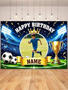 Customizable Photo & Name Football Theme Happy Birthday Backdrop Banner, Gold Trophy, Ribbon, Victory Celebration, Fan Personalized Design, Suitable For Football Birthday Party Cake Table Decoration, Portrait Photography Banner, Vinyl Material - Blue - View 3