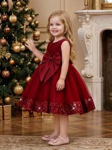 Baby Girls Tulle Bow Sequin Puff Birthday Party Princess Dress, Suitable For Flower Girl, Headband Not Included - Burgundy - View 4
