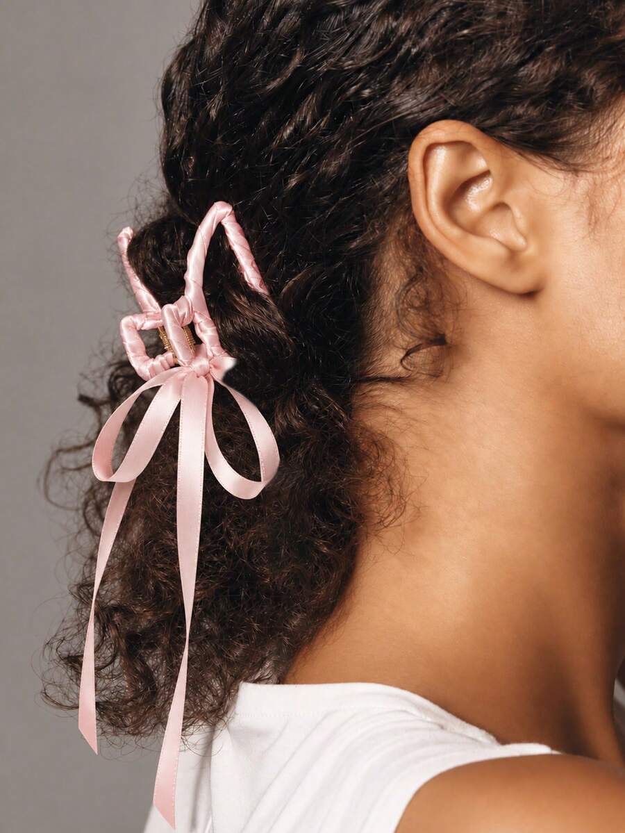 Fabric Wrapped Alloy Claw Clip With Ribbon Bow, Elegant Hair Clip For Women, French Style Hair Accessory For Daily Wear & Parties - Multicolor - View 1