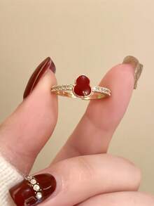 3pcs Vintage Ancara Red 3 Pieces Ring Set For Women, Luxury Drip Oil Four-Leaf Clover & Gourd Finger Rings, Niche Elegant Stackable Index Finger Decorative Rings - Red - View 5
