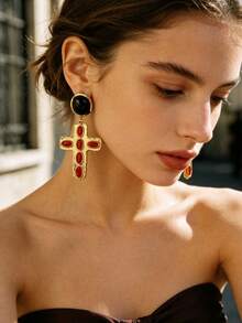 Red Cross Drop Earrings, Vintage Gothic Statement Jewelry, Black Round Studs, Gold Tone Ornate Details - Cross Earrings - View 5