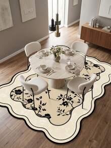 1pc Beige Base Black Line Scattered Floral Vine Pattern Vintage French Country Style Area Rug, Exquisite Elegant Design Faux Cashmere Asymmetrical Wavy Edge Rectangular Multi-Layer Black Outline & Scattered Black Flower Details Machine Washable Suitable For Living Room Bedroom Balcony All Season Home Decor - Multicolor - View 6