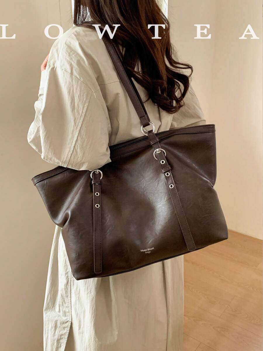 low tea 1pc Square PU Fabric Shoulder Tote Bag With Buckle, Suitable For Commuting, Shopping And More