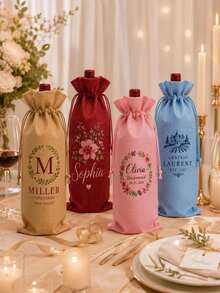1pc Customizable Drawstring Wine Bag, Linen Wine Bottle Gift Bag, Can Print Name/Logo, Suitable For Wedding, Birthday, Christmas And Corporate Gifts - Multicolor - View 3