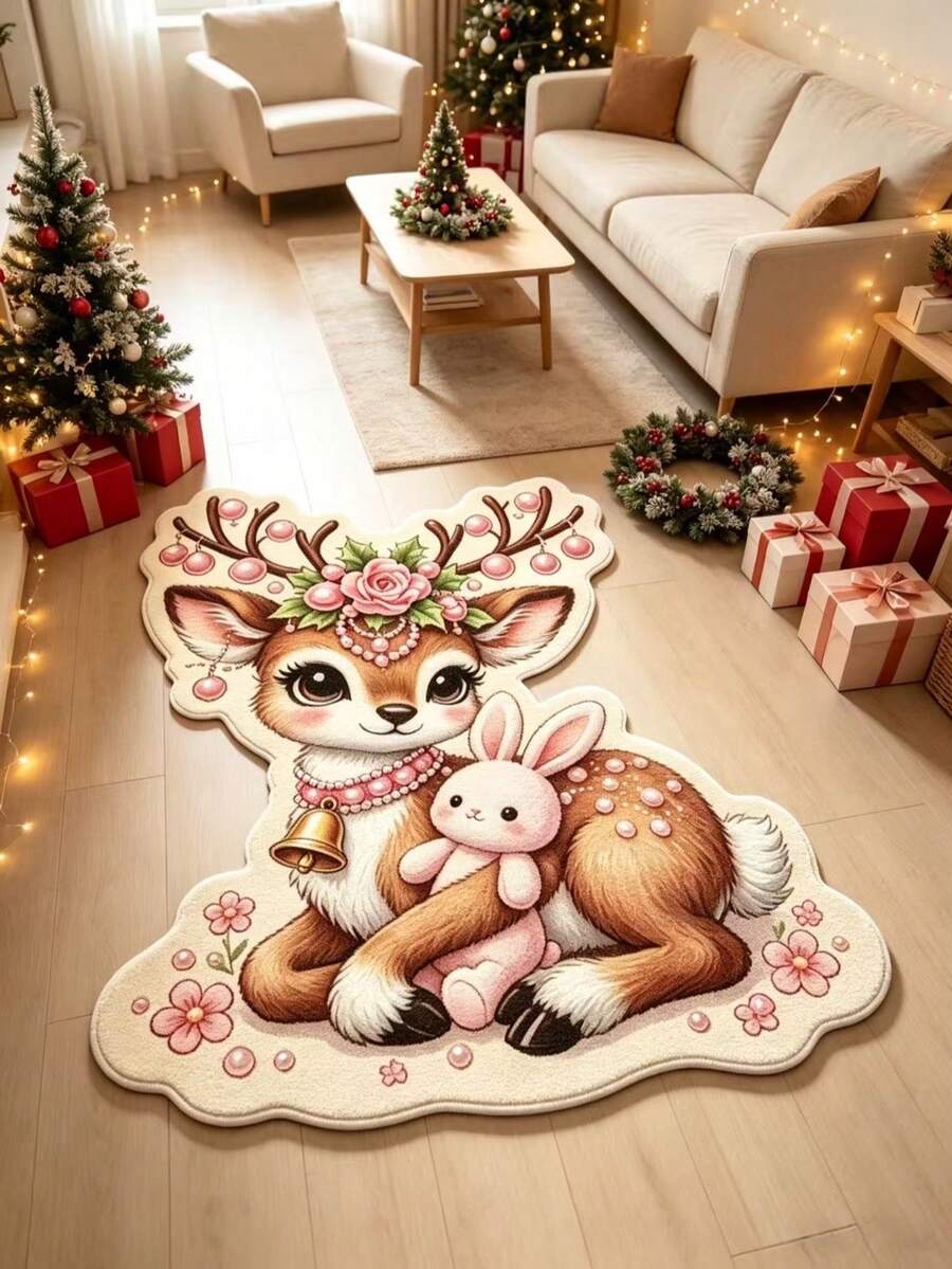 1pc Pink Rose Pearl Floral Deer Shaped Faux Cashmere Rug, Decorative Rug, Bedroom Decor, Small Rug, Rug, Home Decor, Living Room Rug, Living Room Small Rug, Bedroom Rug, Living Room Home Decor, Outdoor Rug, Washable Rug - Multicolor - View 1