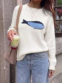 Suéter Feminino Casual Fofo Y2K com Estampa de Peixe, Manga Longa Solta, Tricô, Top de Férias e Volta às Aulas, Branco, Outono - Branco - Visão 2