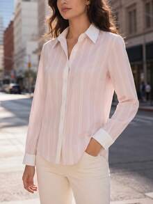 Women's Long Sleeve Casual Striped Cuff Patchwork, Shirt Collar Patchwork, Button Loose Shirt - Pink - View 5