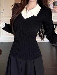 Sweater Rajut 2-in-1 Wanita, Lapisan Dalam Musim Dingin, Atasan Lengan Panjang Pendek Pas Badan - Hitam - View 5