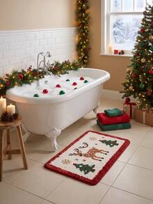 1pc/3pcs Christmas Series Reindeer & Christmas Tree Pattern Bathroom Rug Set, Velvet Material, Washable Floor Mat Carpet Decor For Kitchen, Bathroom, Bedroom, Christmas Decoration, Includes Bath Mat, U-Shaped Contour Mat And Vanity Mat - A - View 4