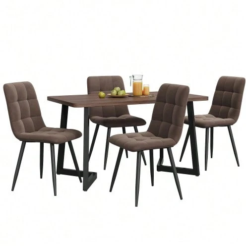 Dining Set (5-Piece), Dining Table With 4 Chairs Set, Modern Kitchen Table Set, Wood Grain Kitchen Table With Black Metal Legs, MDF Tabletop In Walnut Color, Brown Velvet Dining Chairs - Brown - View 1