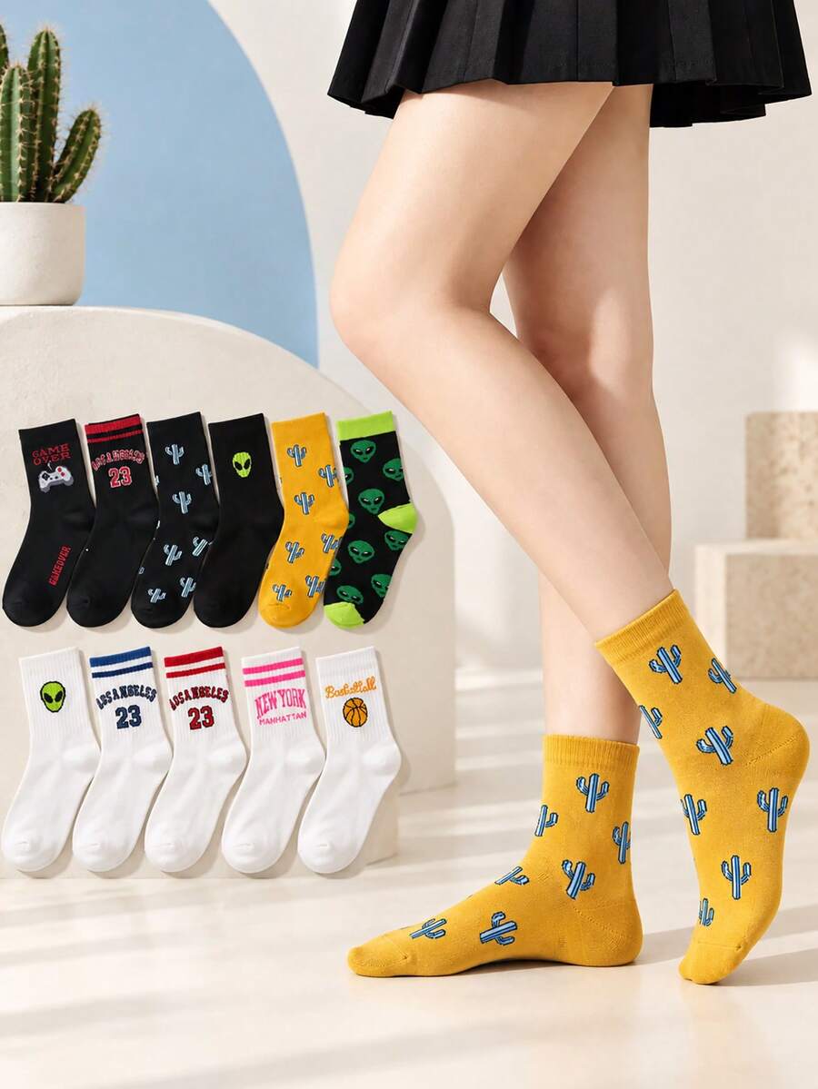 1/5/10 Pairs Women's Random Number & Letter Cactus Fashion Mid-Calf ...
