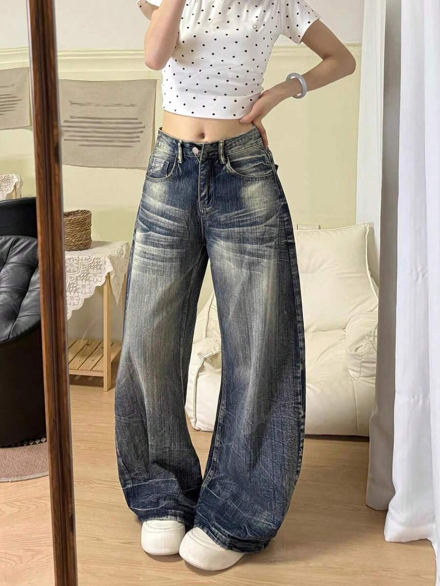 American Vintage Washed Distressed Dirty Dye Curved Leg Denim Jeans, Summer High Street Loose Slimming Draped Casual Pants - Retro Blue - View 1
