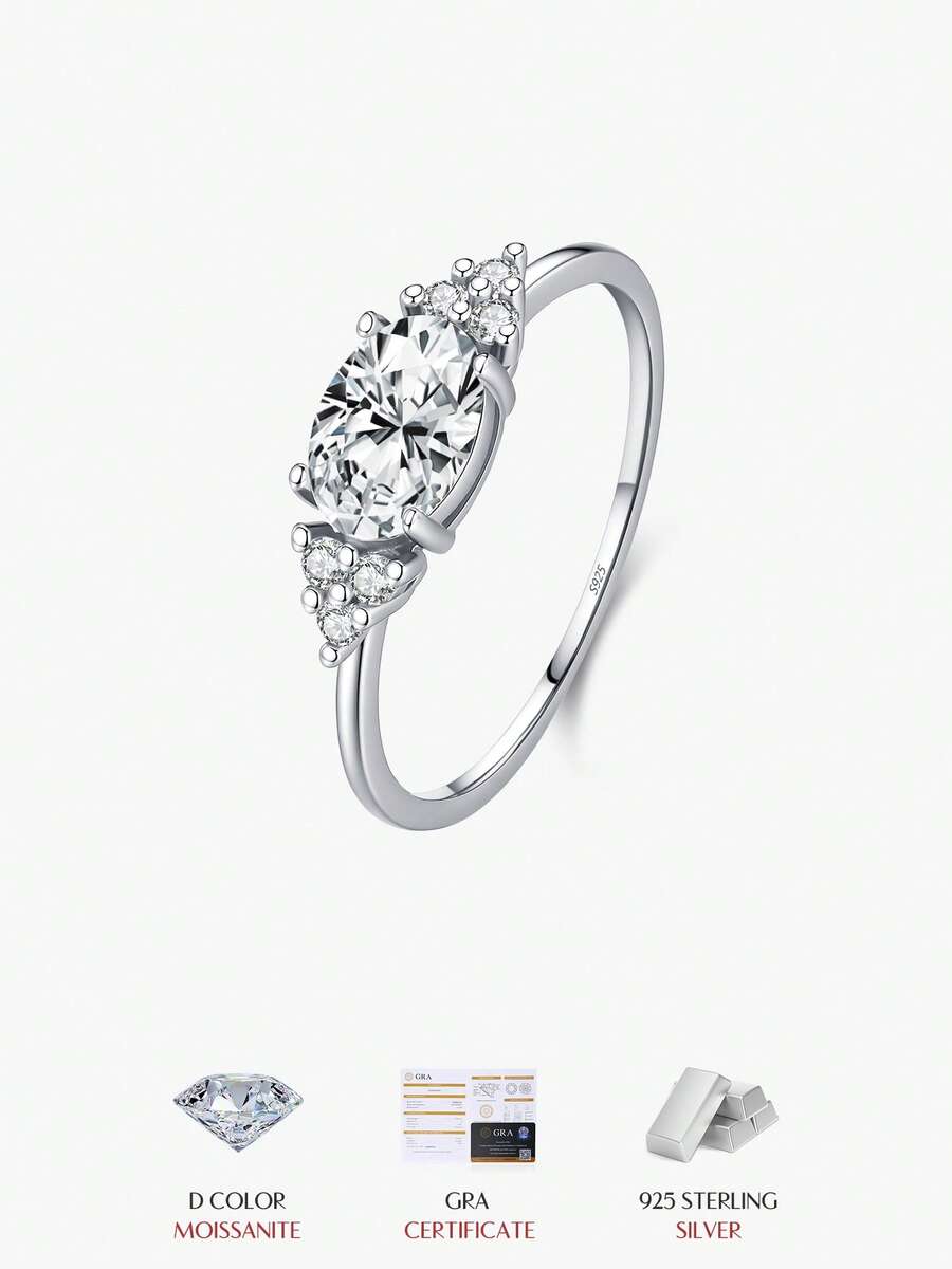 MODIAN 1CT D Color Moissanite Oval Cut Ring 925 Sterling Silver Cluster Lab Diamond Promise Wedding Fine Jewelry For Women Gifts - Silver - View 1