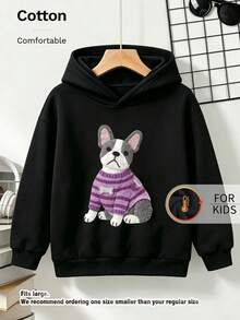 Kids Hooded Sweatshirt, Felt Style French Bulldog Striped Sweater Bone Graphic Print Thick Fleece Lined Pullover For Kids - Black - View 9