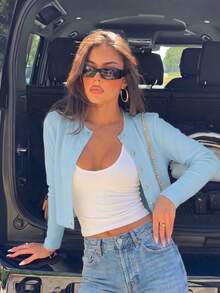 New Fashion Street Style Button-Up Cardigan, Solid Color Slim Fit Long Sleeve Top - Blue - View 4