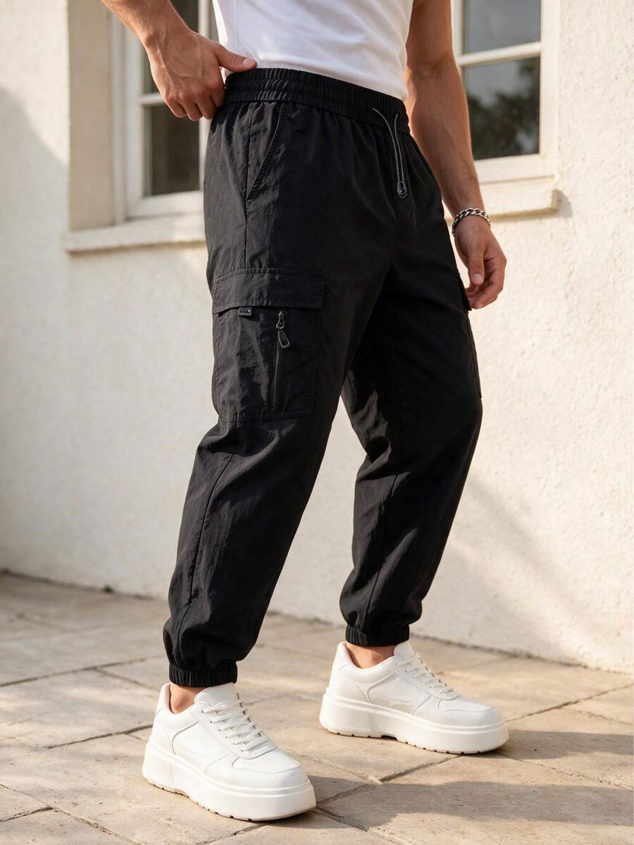 Men's Spring/Autumn New Elastic Waist Drawstring Fashion Casual Multi-Pocket Cargo Pants - Black - View 1