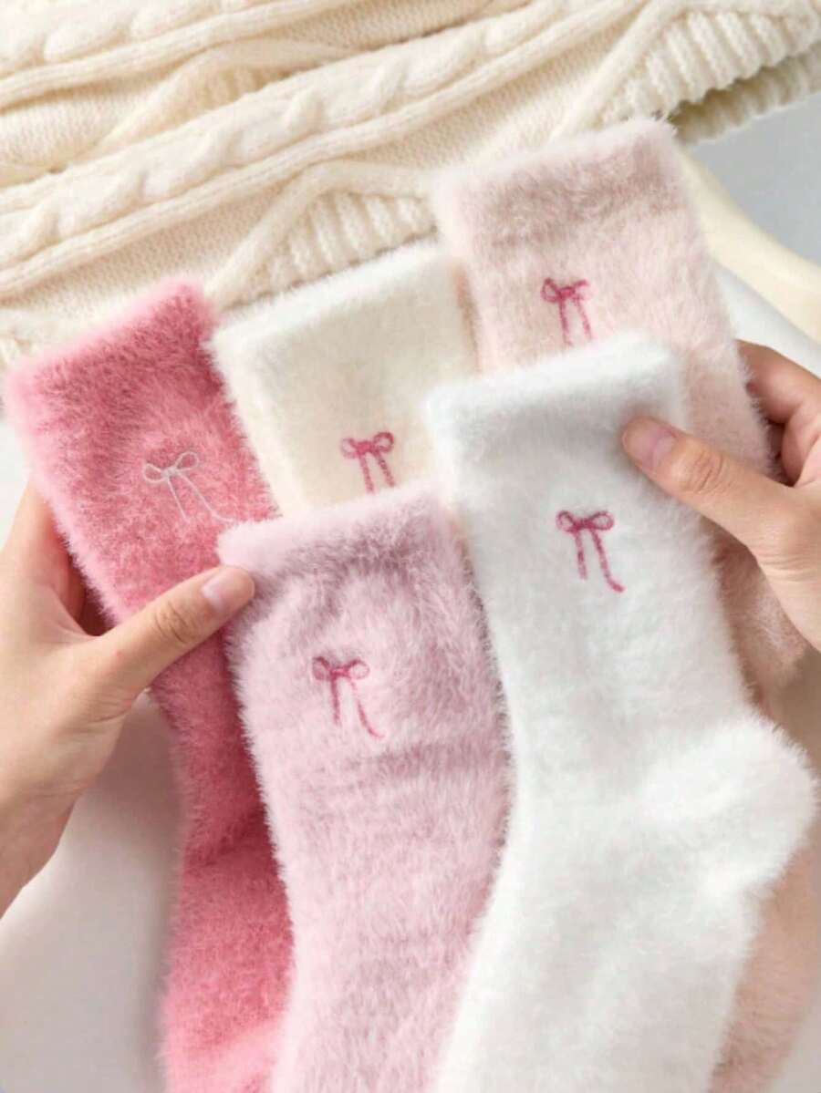 15/10/5/3/1 Pairs Bow Pattern Plush Over Knee Socks For Women, Warm And Soft, Suitable For Autumn/Winter, Also An Ideal Gift. Women's Autumn Socks - Multicolor - View 1